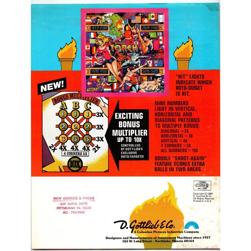 1980 Gottlieb Torch Pinball Machine Flyer Vintage Arcade Game Ephemera - Picture 2 of 2